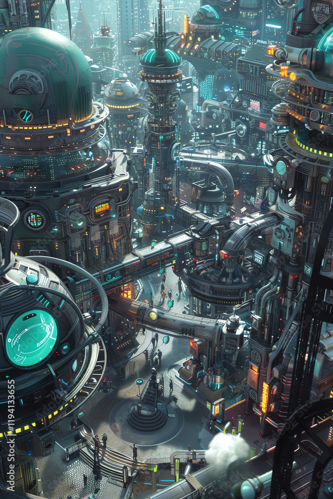 Poster capture a high-angle view of a dystopian cityscape bustling with futuristic robotic chefs and molecu