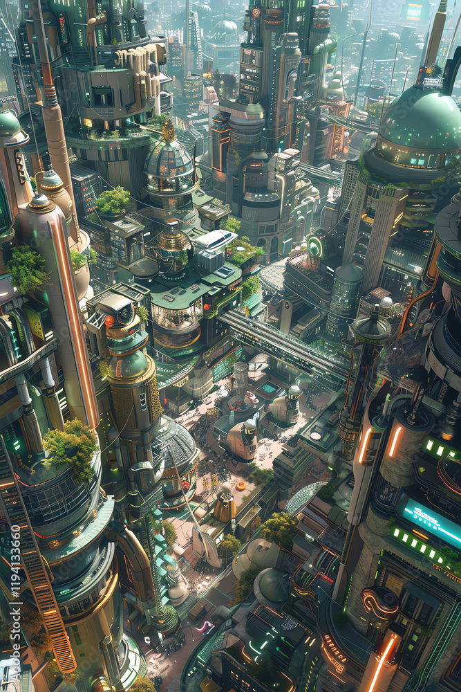 Aufkleber capture a high-angle view of a dystopian cityscape bustling with futuristic robotic chefs and molecu