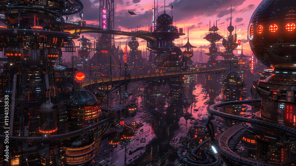 Poster capture a panoramic dystopian cityscape at dusk, emphasizing neon lights reflecting off metallic str