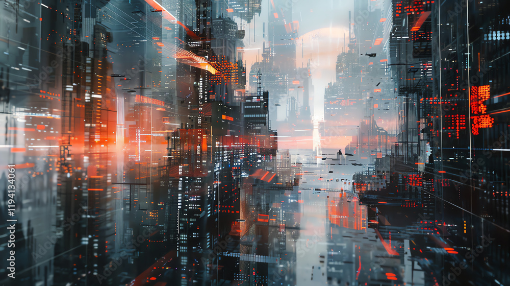 Poster capture a surreal, panoramic view of a dystopian cityscape in an abstract art style, using unexpecte