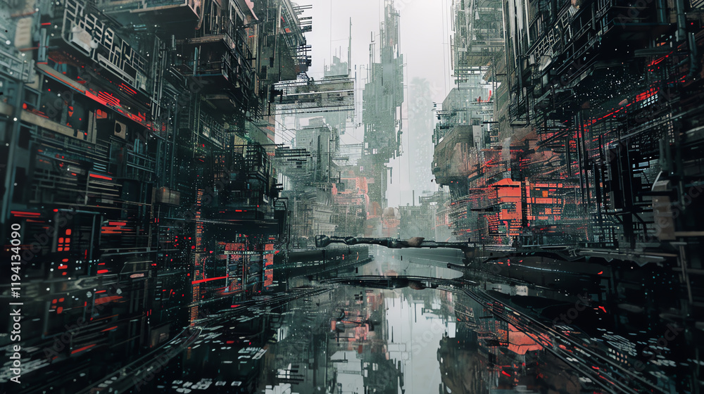 Poster capture a surreal, panoramic view of a dystopian cityscape in an abstract art style, using unexpecte