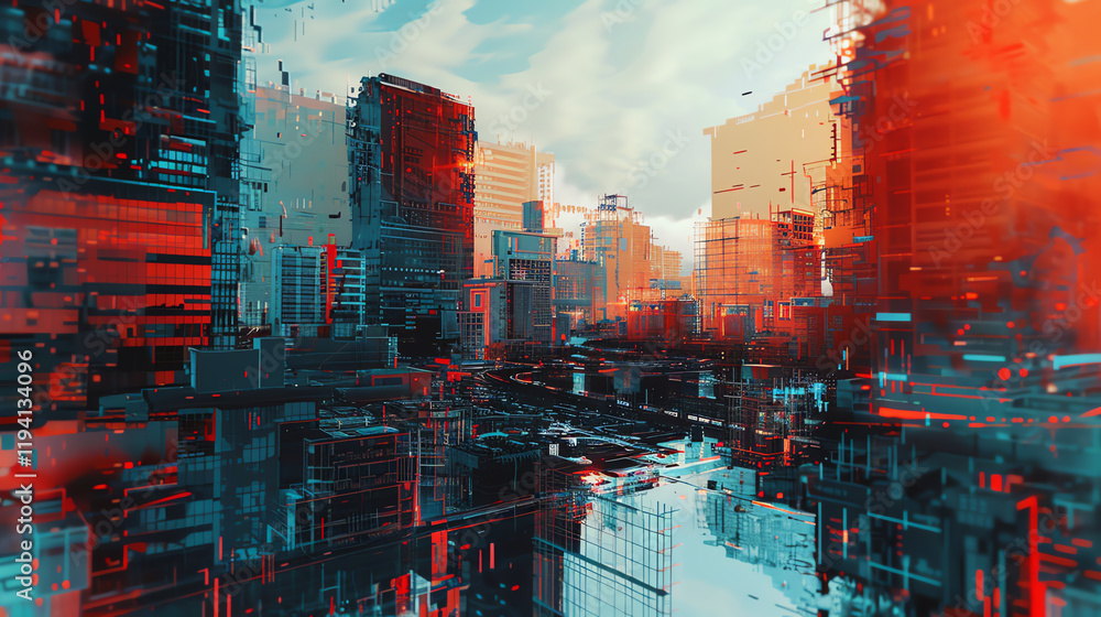Poster capture a surreal, panoramic view of a dystopian cityscape in an abstract art style, using unexpecte
