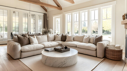 A bright and airy living room with large windows and cozy seating. 3d rendering