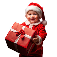 cute little boy in senta's dress holding red gift box with cute smile on white  background