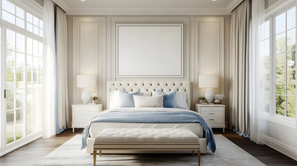A luxurious white bedroom with soft textures and spacious design with copy space, 3d rendering