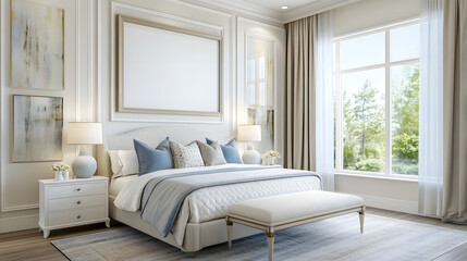 A modern bedroom with white decor and plenty of natural light with copy space, 3d rendering