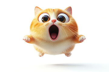 A cute, cartoonish orange cat with big eyes and an open mouth, appearing excited and playful.