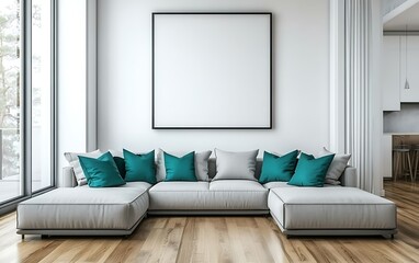 Modern sectional sofa in bright living room, large window, winter forest view, blank wall art