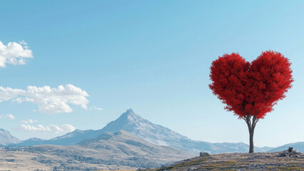 Valentine heart idyllic Love concept. A heart-shaped tree in a scenic landscape with mountains and blue sky.