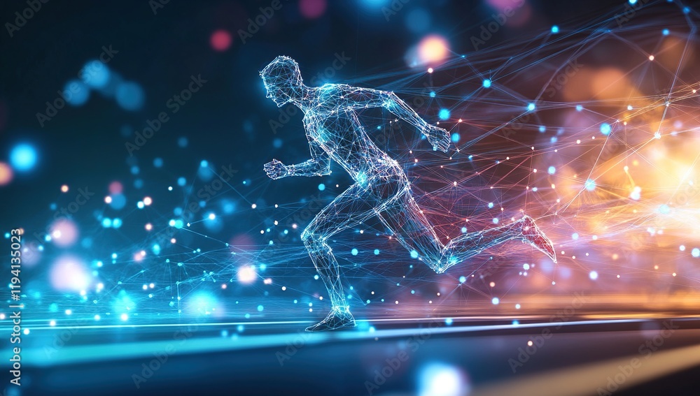 Poster digital runner: networked athlete races through futuristic data streams with speed and agility, embr