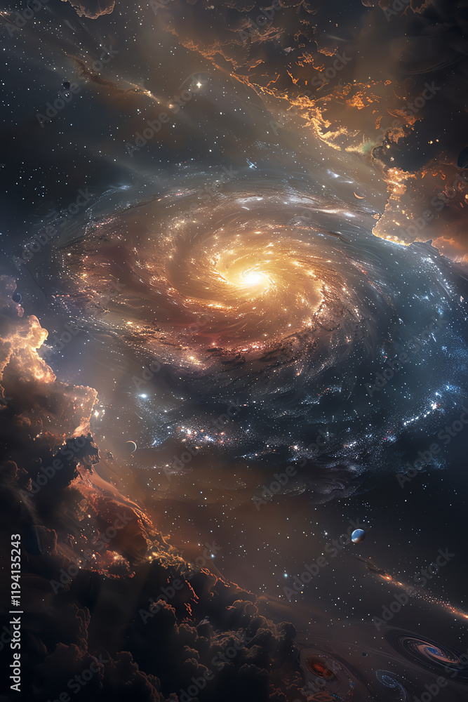 Poster capture the essence of surrealism in a frontal view of space exploration, portraying a cosmic landsc