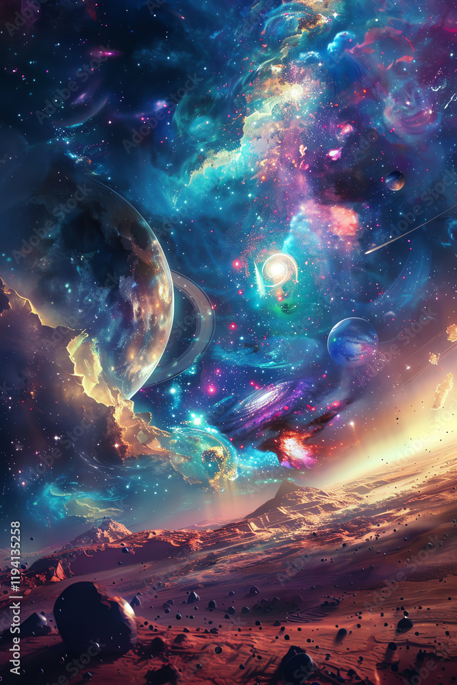 Poster capture the essence of surrealism in a frontal view of space exploration, portraying a cosmic landsc