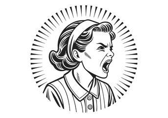 Angry Retro Girl Woodcut Engraving Style Vector Illustration with Intricate Hand-Drawn Details