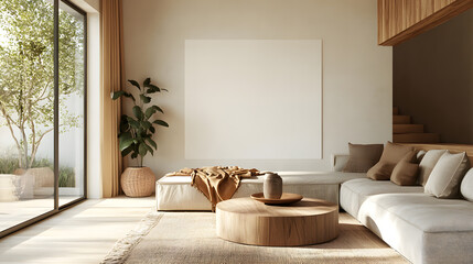 A modern living area with sunlight streaming in and comfortable seating with copy space, 3d rendering