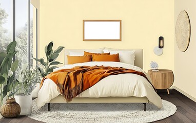 Yellow bedroom,  modern bed, plants, sunlight. Interior design inspiration
