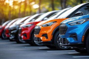 Fototapeta premium New cars parked in a row at dealership during sunset