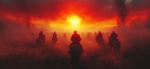 Fototapeta premium Silhouetted horsemen ride into a fiery sunset, shrouded in mist.