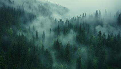 Misty Mountain Forest: Coniferous Trees Enveloped in Fog, Serene Nature Landscape
