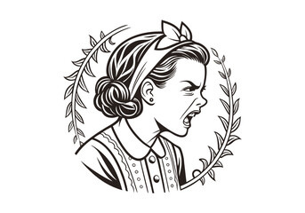 Angry Retro Girl Woodcut Engraving Style Vector Illustration with Intricate Hand-Drawn Details