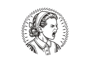 Angry Retro Girl Woodcut Engraving Style Vector Illustration with Intricate Hand-Drawn Details