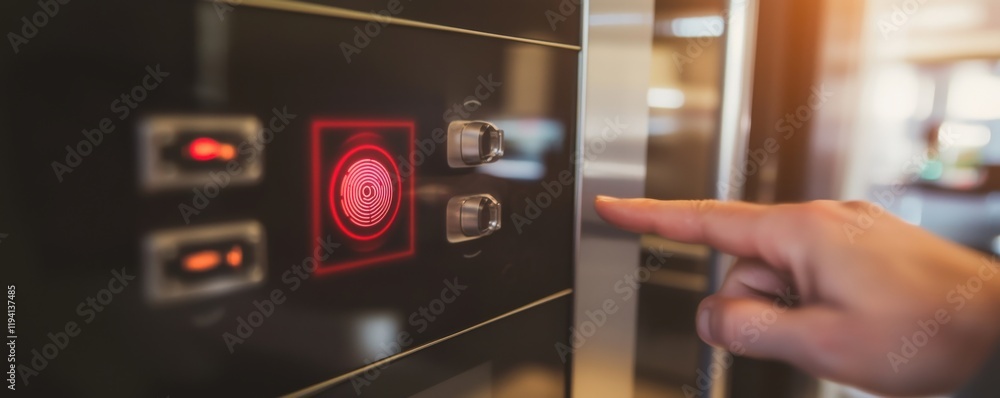 Aufkleber smart security biometrics threats concept. a hand pressing a button on a modern appliance with illum