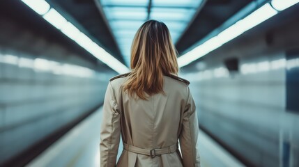 Obraz premium Woman in a sleek trench coat standing in a bustling subway station, back view, urban sophistication
