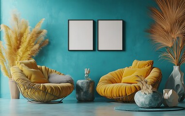 Teal room, yellow armchairs, pampas grass, mockups. Interior design