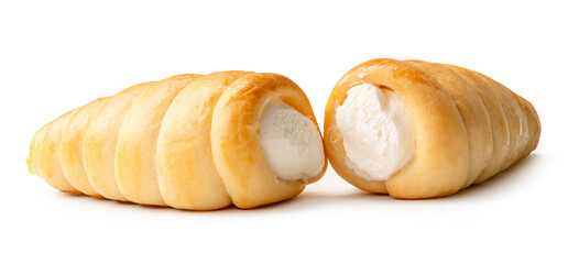 Front view of two puff pastry cream horns isolated on white background with clipping path