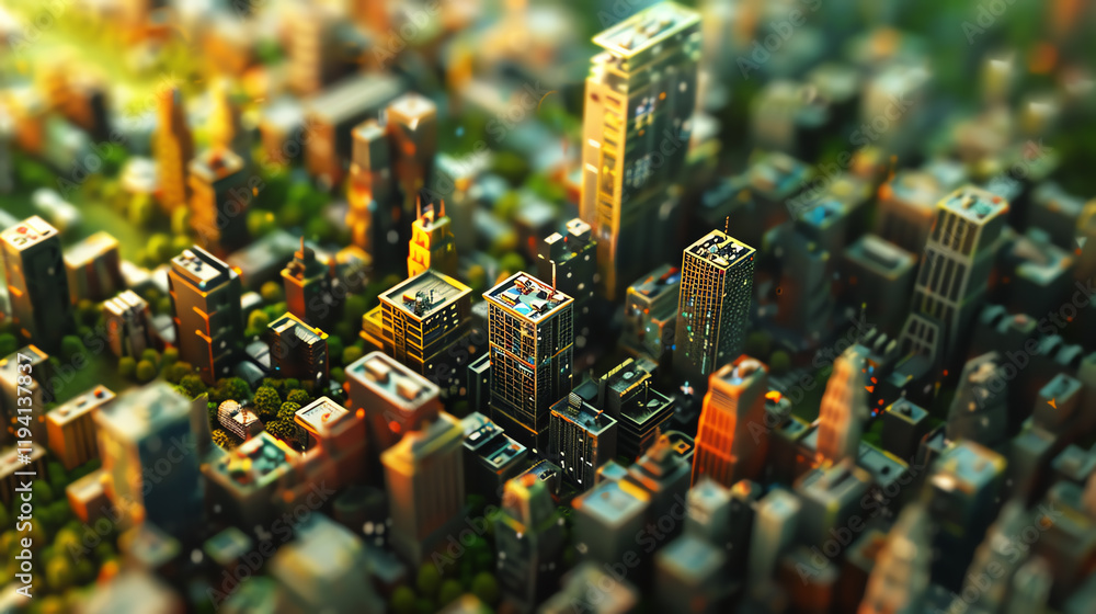 Poster craft a digital rendering using glitch art technique capturing an aerial view of a dystopian city ma