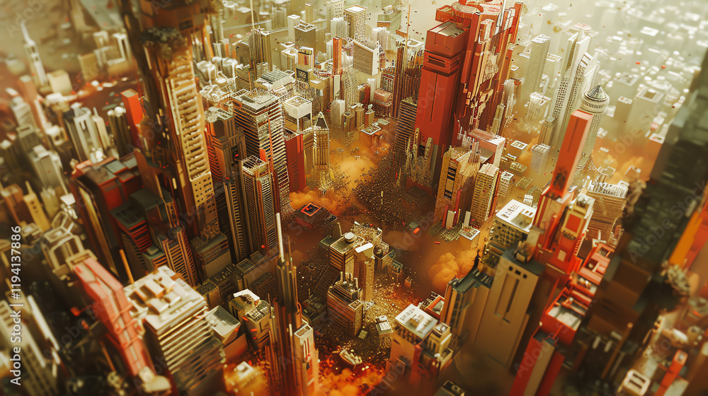 Poster craft a digital rendering using glitch art technique capturing an aerial view of a dystopian city ma