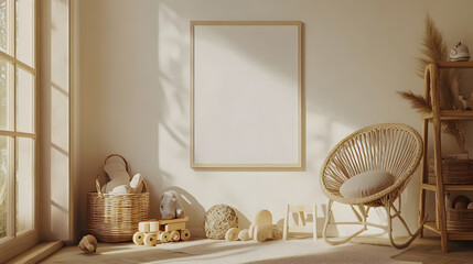 A warm display with bohemian accents and natural light highlighting the decor with copy space, 3d rendering