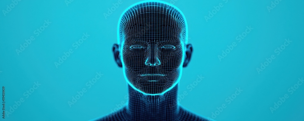 Poster smart security biometrics threats concept. digital face projection with blue geometric lines on a da