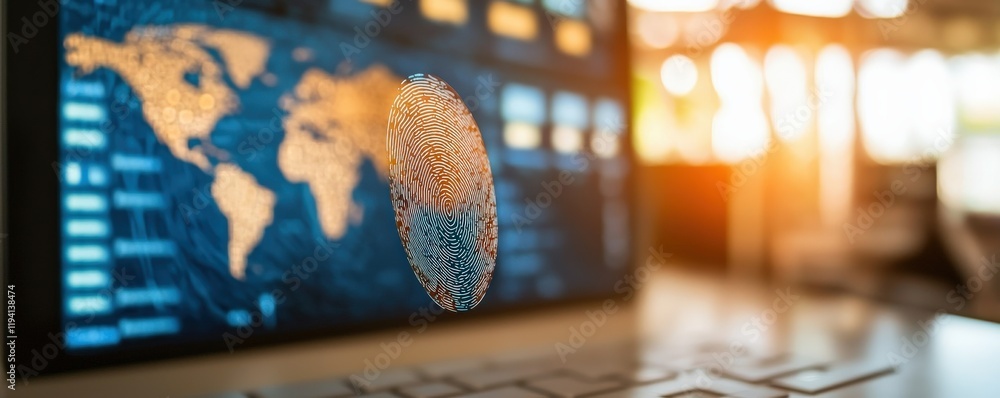 Poster smart security biometrics threats concept. digital fingerprint overlaid on a world map background, s