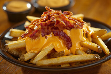 Fototapeta premium A ceramic plate of fries topped with cheese sauce and crispy bacon. (Generative AI)