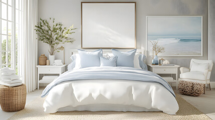 A bright and cozy bedroom with soft blue bedding and natural decor with copy space, 3d rendering