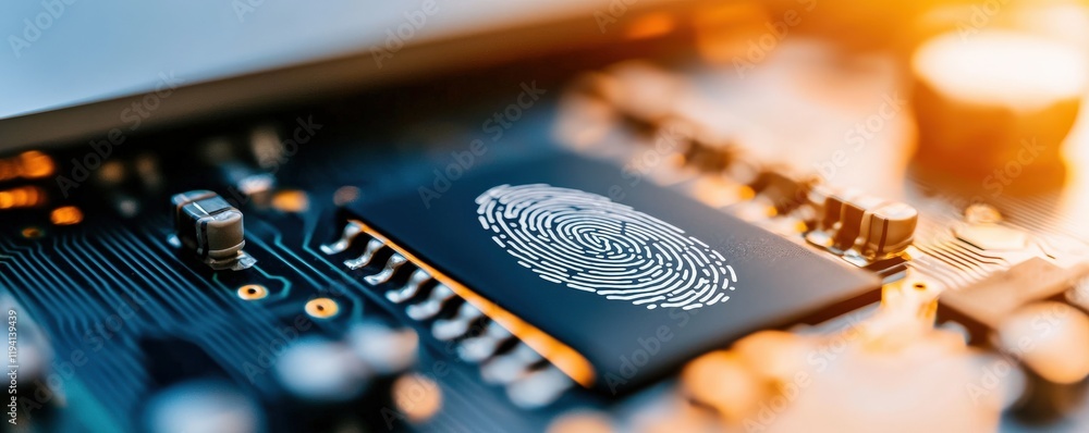 Poster smart security biometrics threats concept. close-up of a microchip featuring a fingerprint design, s