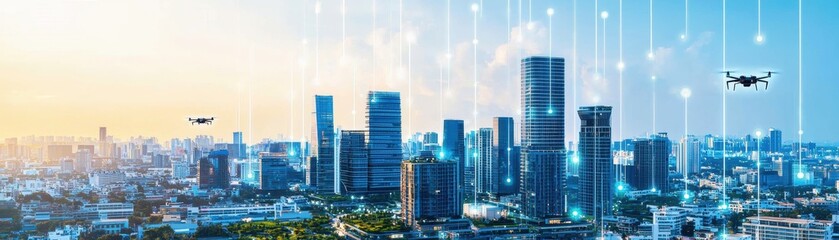 Obraz premium A futuristic cityscape featuring skyscrapers, drones, and digital elements, symbolizing advanced technology and urban development.