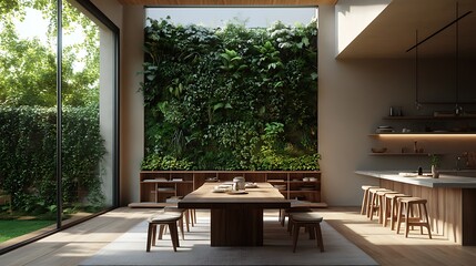 Fototapeta premium A stylish eco-luxe apartment with vibrant vertical gardens, a reclaimed wood dining table, minimalist decor, and large skylights allowing sunlight to flood the space,