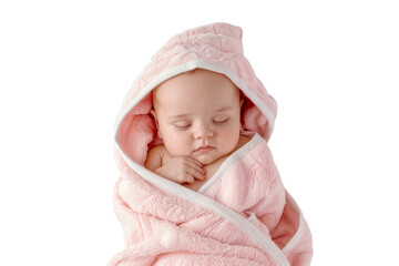 Newborn baby wrapped in pink towel while sleeping, isolated on transparent background