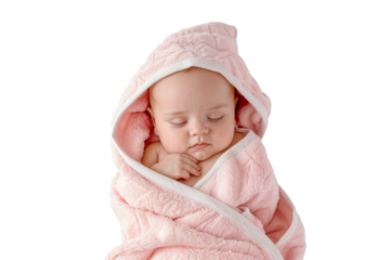 Newborn baby wrapped in pink towel while sleeping, isolated on transparent background