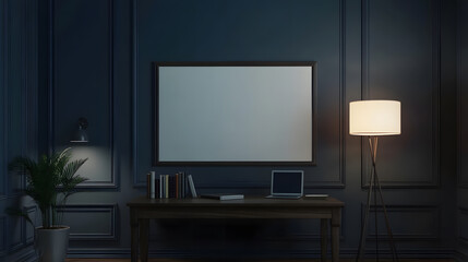 An elegant dark-toned workspace with soft lighting and stylish decor with copy space, 3d rendering