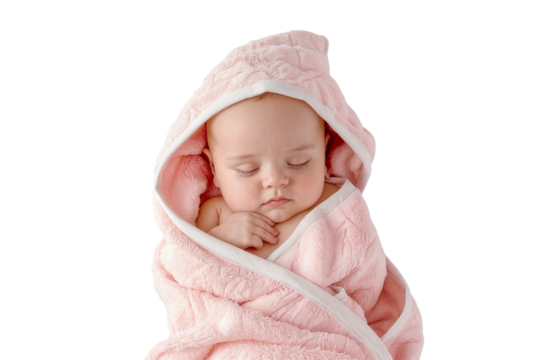 Newborn baby wrapped in pink towel while sleeping, isolated on transparent background