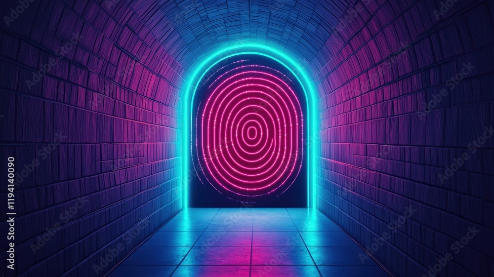 Poster smart security biometrics threats concept. neon-lit tunnel with a circular fingerprint design at the