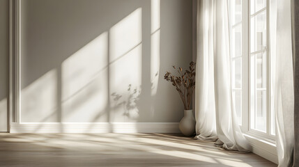 A bright, minimalist corner with soft sunlight streaming through the windows with copy space, 3d rendering