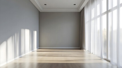 Obraz premium A minimalist room with sunlight streaming through large windows onto wooden floors with copy space, 3d rendering