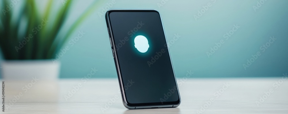Poster smart security biometrics threats concept. a sleek smartphone displaying a glowing biometric lock sc