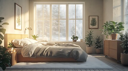 A stylish Scandinavian-style bedroom with snow-dusted potted greenery, a light wood bed frame, soft gray and white bedding, and natural light illuminating the frosted windows, serene and cozy,