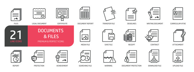 Set of line icons related to documents, contract, files, curriculum vitae. Outline icons collection. Editable stroke. Vector illustration.