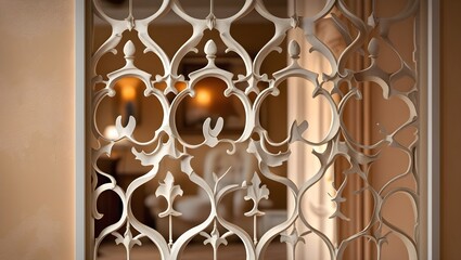 Ornate metal grille with intricate floral patterns in warm interior lighting.