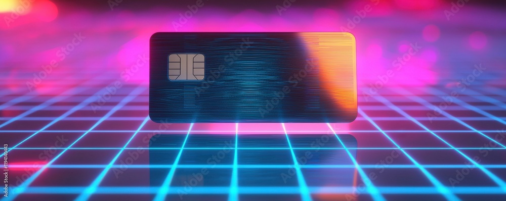 Poster smart security biometrics threats concept. a futuristic credit card on a neon grid background with v
